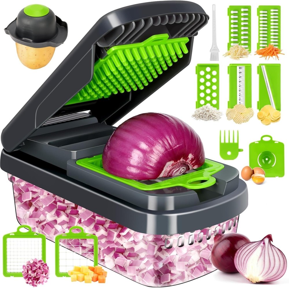 12-in-1 Vegetable Chopper with Container and 7 Blades, Gray