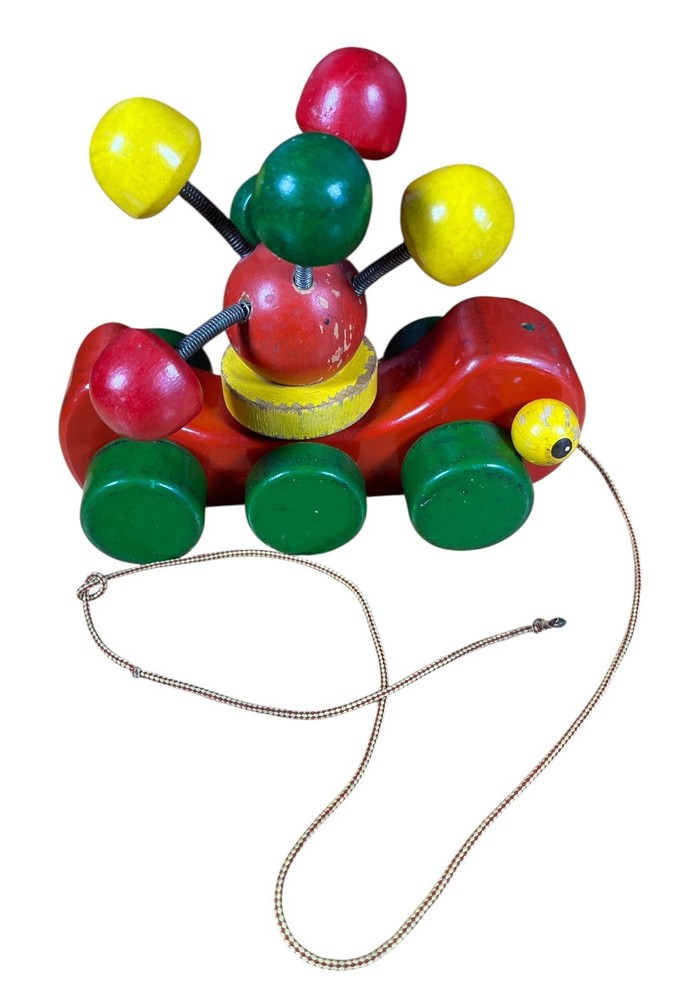 Walter Brand German Made Vtg Wooden Pull Toy Pull String Spinning Springs Color