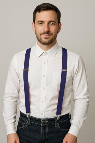 Mens Solid Color Suspender with 3 Cilps Adjustable Braces Navy Blue