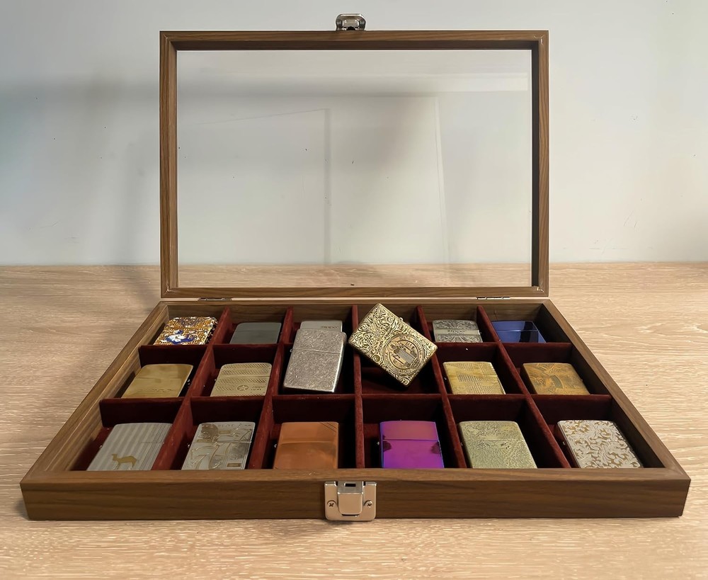 Zippo Lighter Display Case，Zippo Lighter Case With Glass Top&Lock,18 Capacity