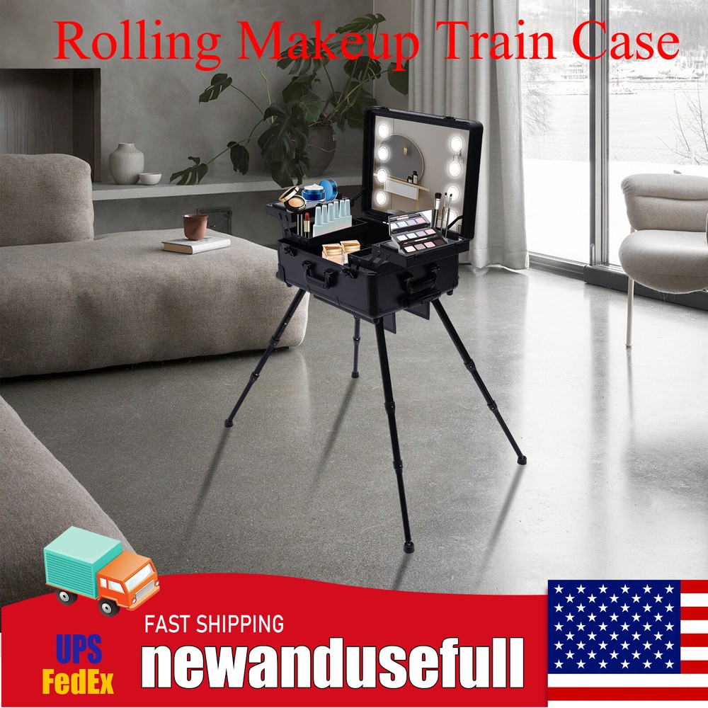 Rolling Makeup Train Case Cosmetic Box Trolley Organizer w/LED LIght & Mirror
