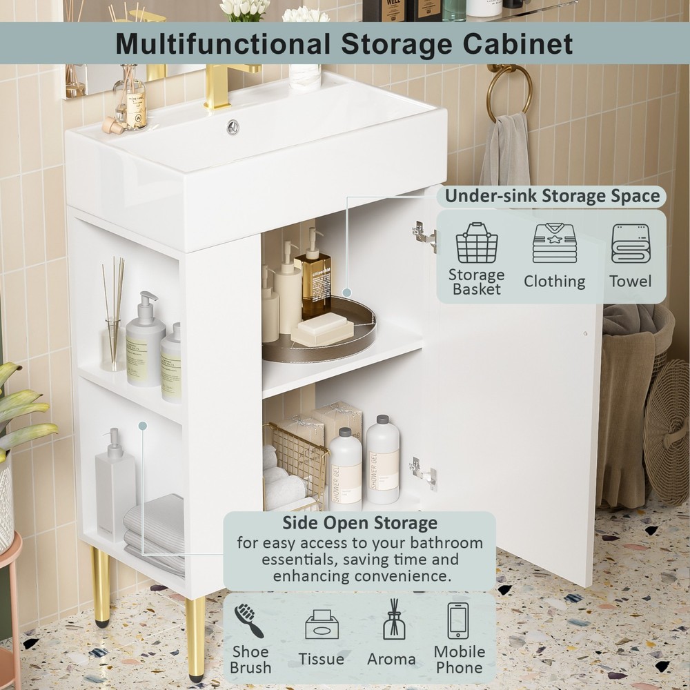 21.6" White Bathroom vanity Combo Cabinet Single Ceramic Sink Left Side Storage