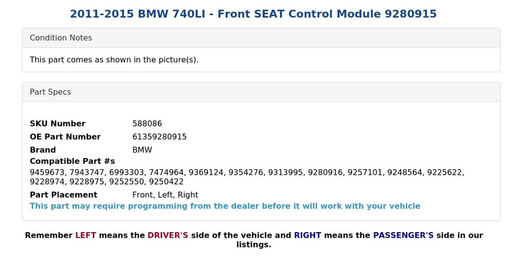 2011-2015 BMW 740LI - Front SEAT Control Module 9280915
