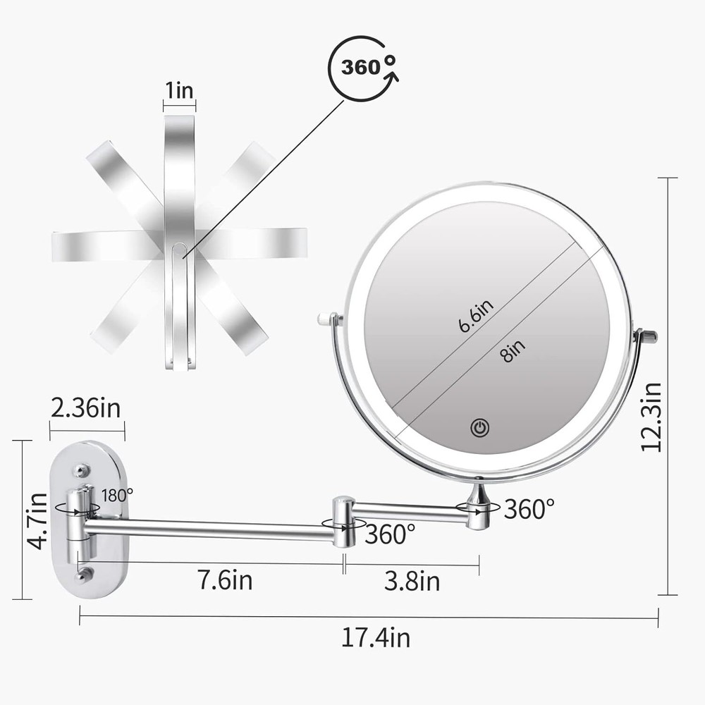 Rechargeable wall mounted illuminated vanity mirror 8 inch double sided