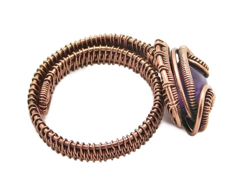 Adjustable Amethyst Wire-Wrapped Ring in Copper