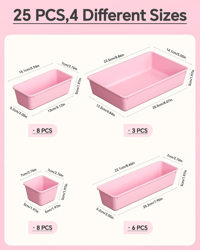 25-Piece Plastic Drawer Organizer Set for Makeup, Office, and Kitchen (Pink)