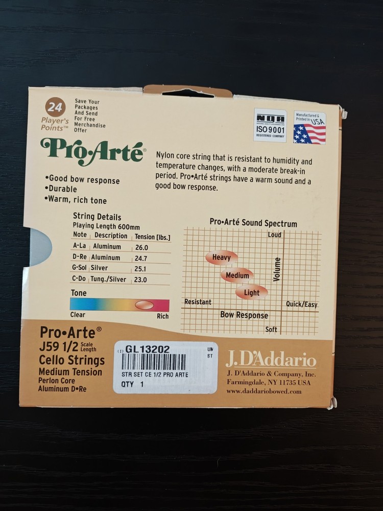 D'Addario Pro-Arte Cello String Set, 1/2 Scale, J59, Perion Core Medium Tension