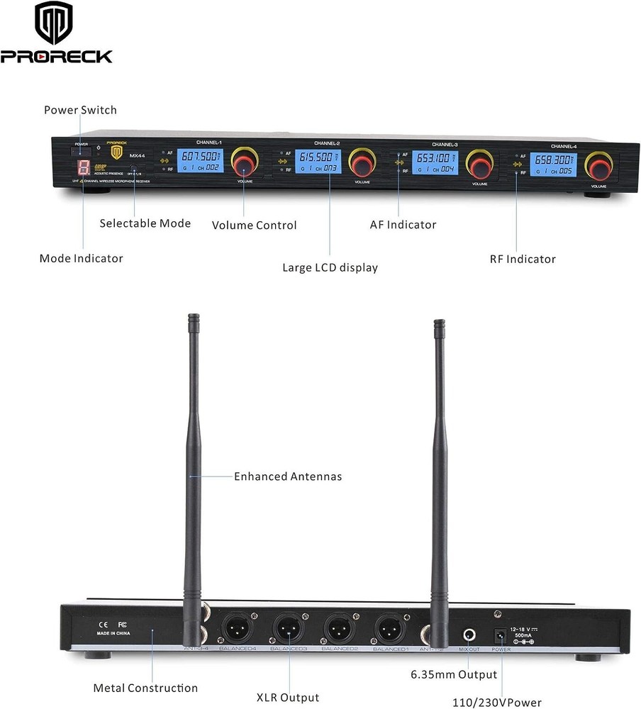 Proreck MX44 4-Channel UHF Wireless Microphone System