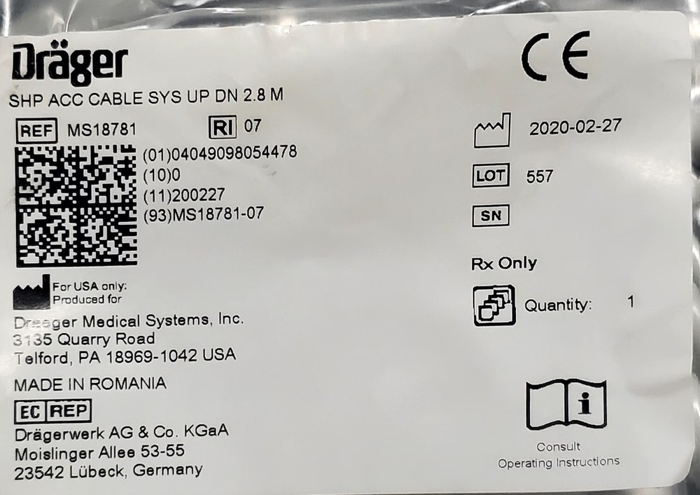 Drager SHP ACC cable. Ref MS1878-07