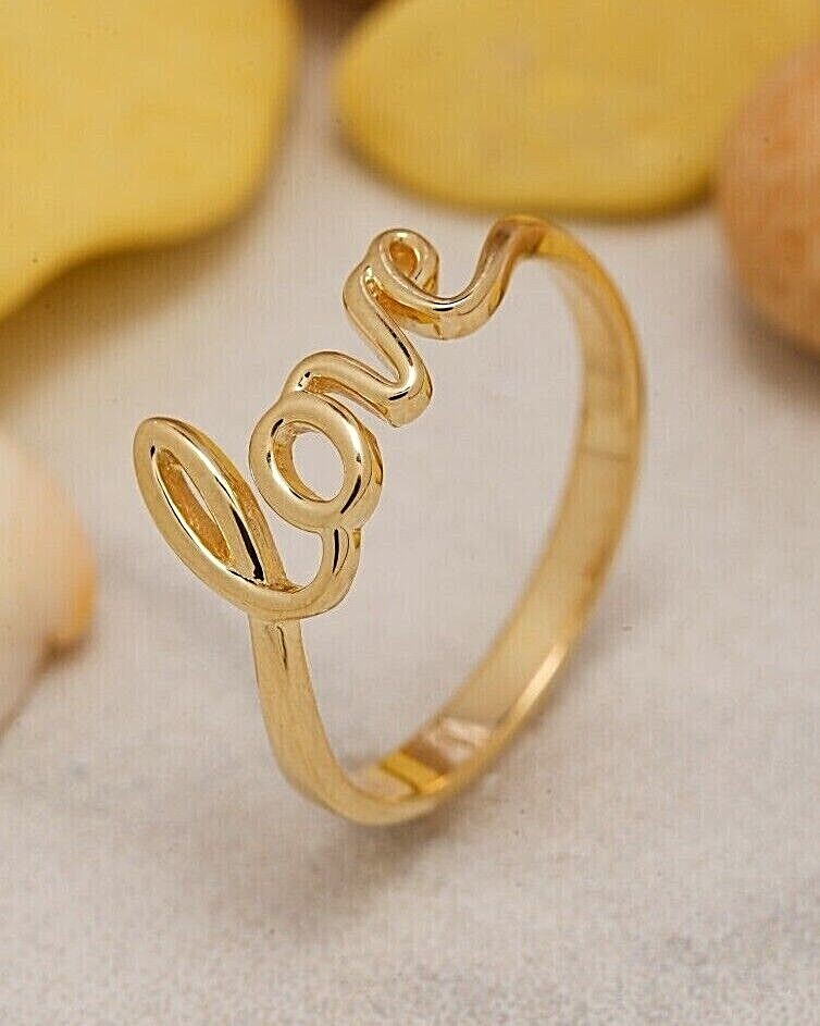 Real 14K Solid Gold Love Ring, Script Love Ring, Dainty Love Ring