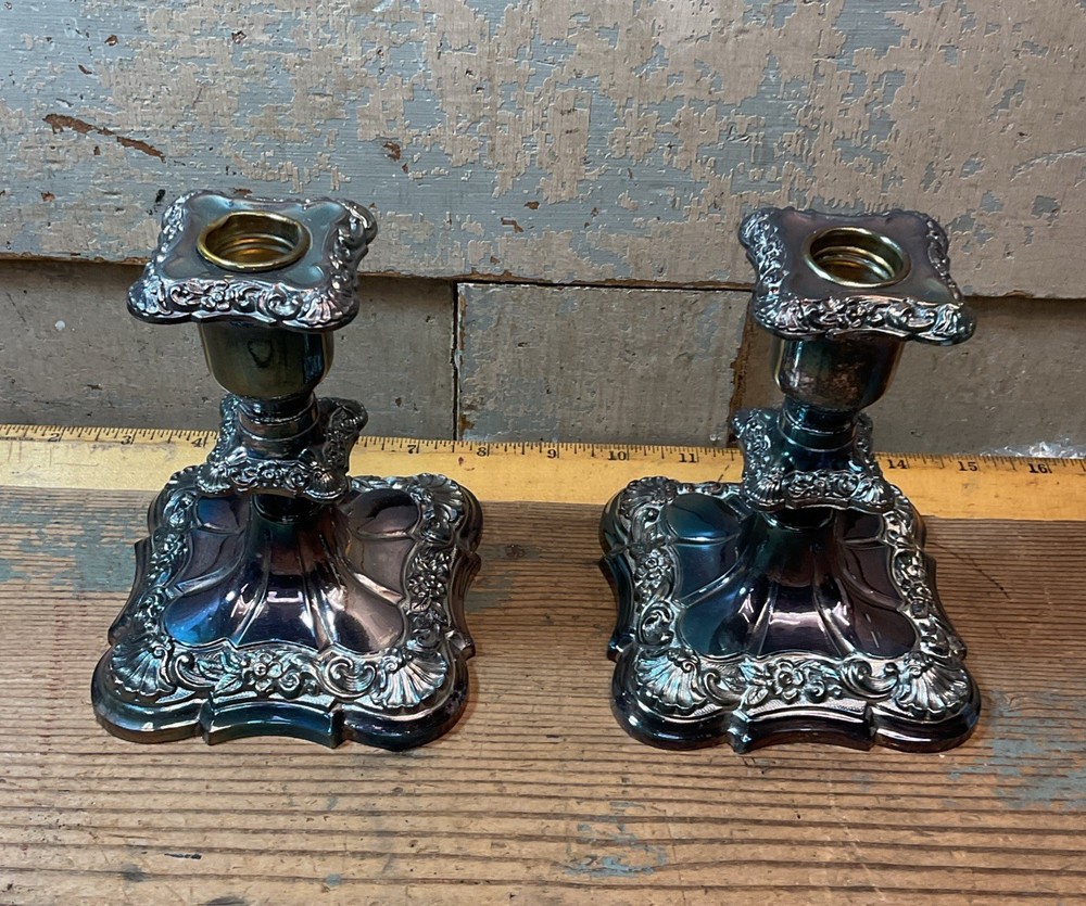 Set Of 2 Poole Silver Co. Candlesticks, Silver Plated, As Found