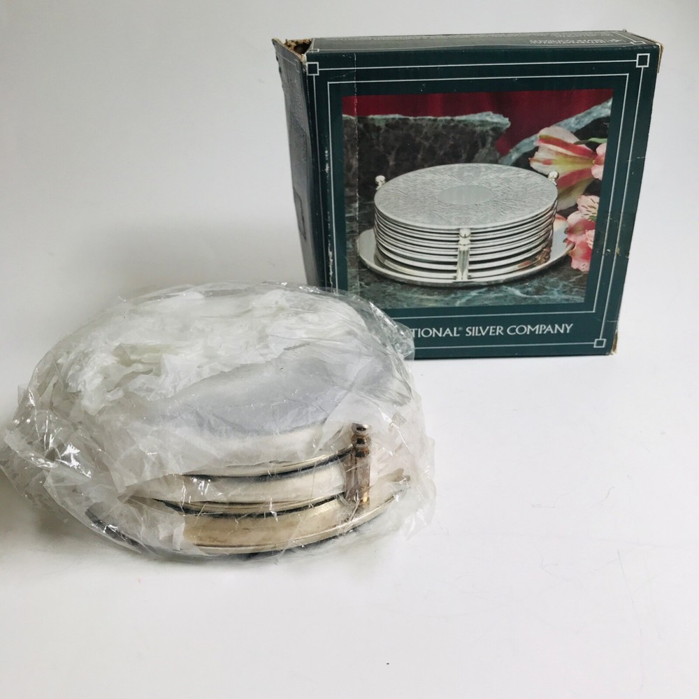 1992 Internatl. Silver Co Silverplated 7 pc COASTER SET-6 Embossed Coasters+Rack