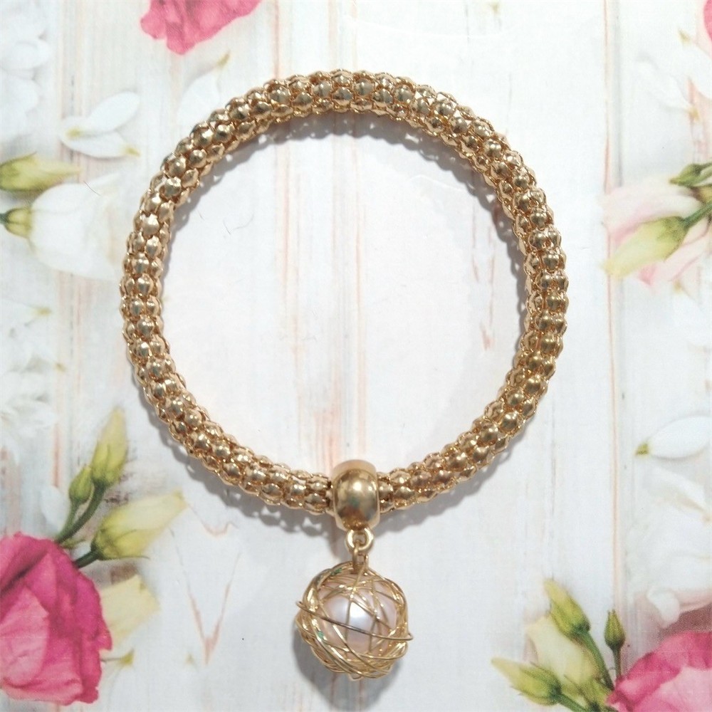 Gold Tone Textured Mesh Bangle Bracelet Faux Pearl Dangle Charm Stackable BC1