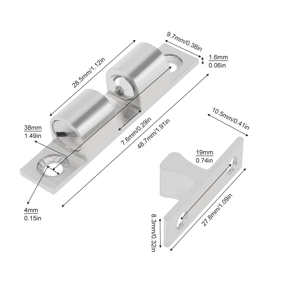 12 PCS 48mm Silver Double Ball Tension Catch, Solid Brass, Roller, Latch, Door