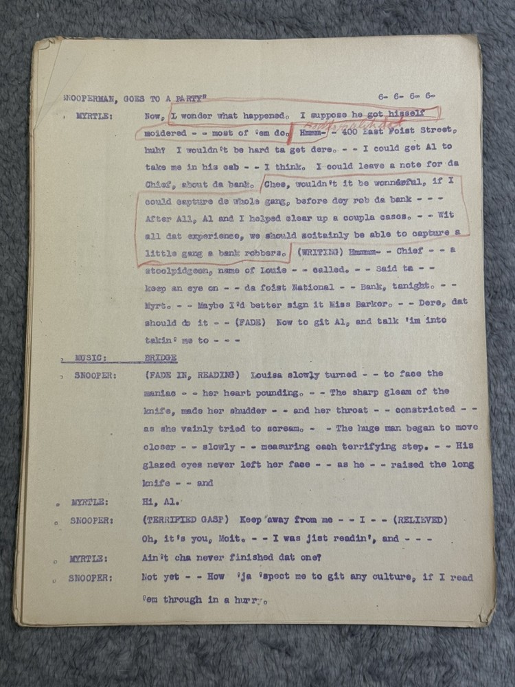"SNOOPERMAN" by ED BRADY & HARVEY STEVENS Comedy/Mystery Script Radio Inscribed