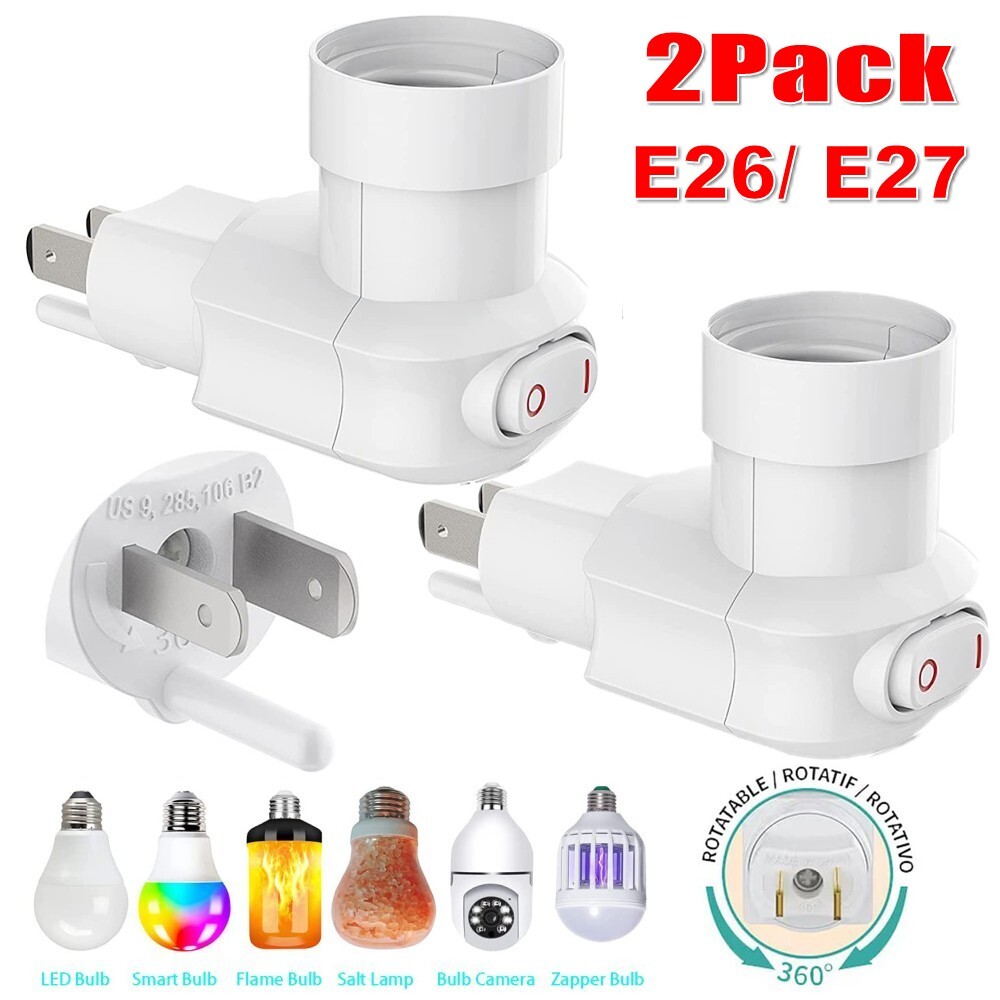2Pcs Outlet to Socket Adapter E26/E27 Plug-in Light Socket 3-Prong Outlet Socket