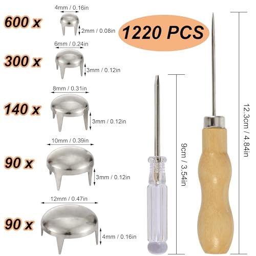 1220 Pcs Assorted Sizes Studs for Clothing Leather Rivets Round Dome Silver