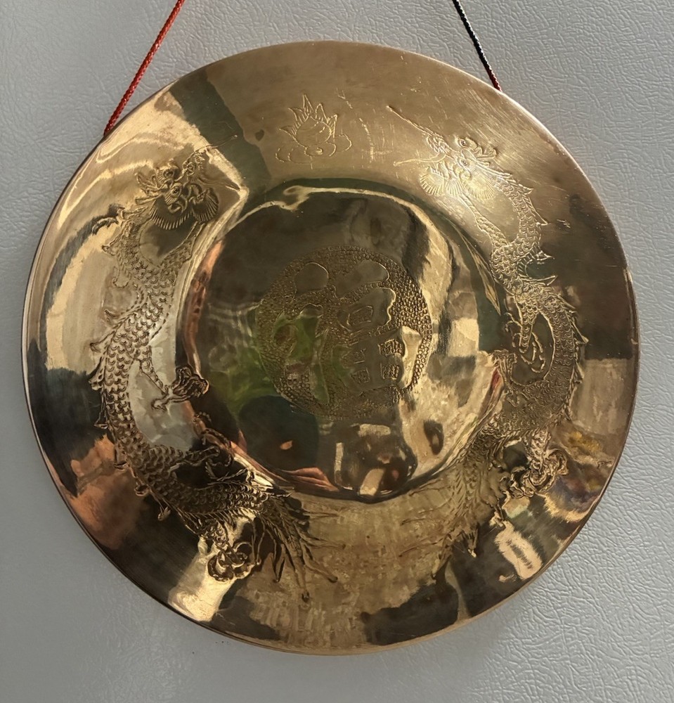 Vintage Brass Gong Dragons 12” Wall Decor