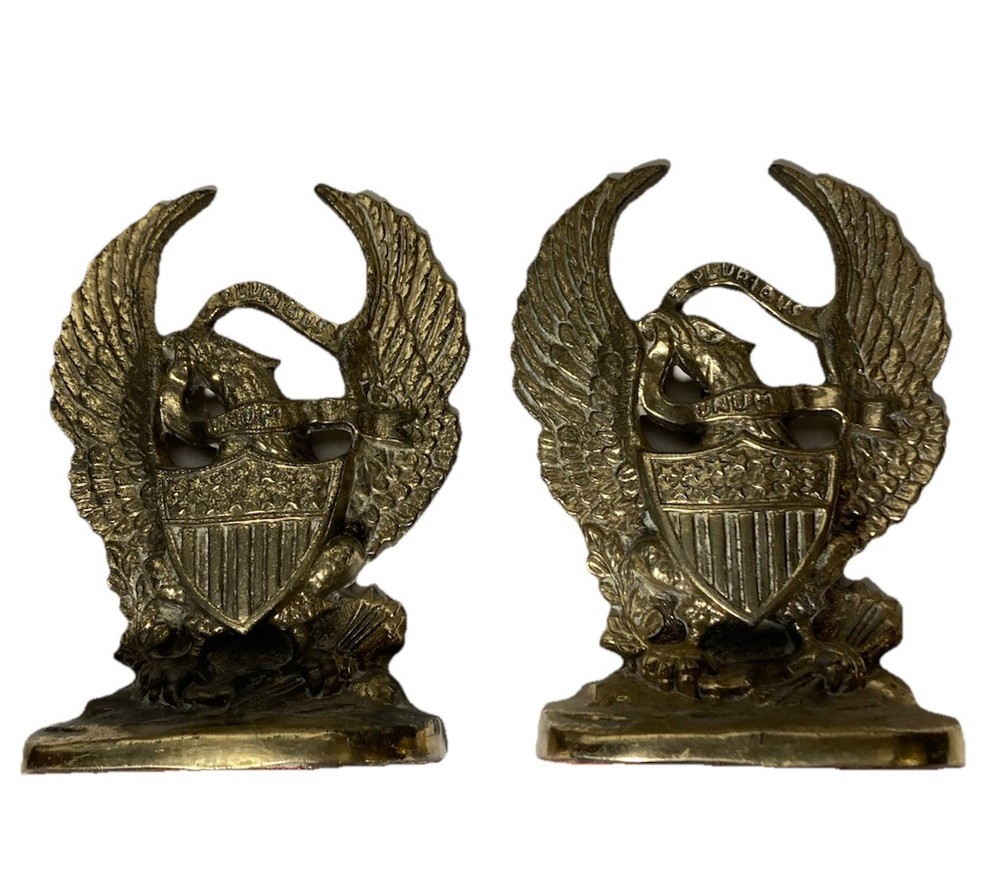 Vtg Solid Brass American Eagle E Pluribus Unum Shield Bookends-US Made-7.5x4.5”