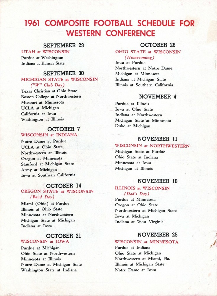 Wisconsin Badgers 1961 Varsity Vs Alumni Official Program "Camp Randall Stadium"