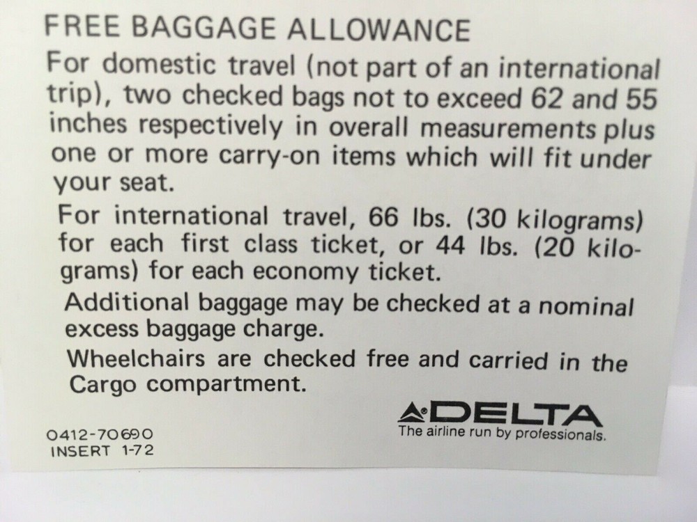 Vtg Delta Airlines Baggage Tips For Passengers Reference Sheet From 1972