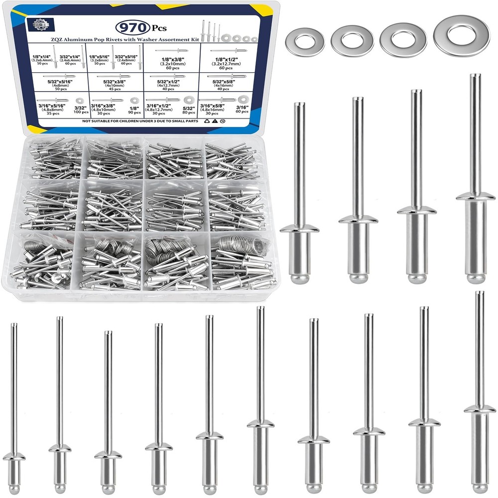 970 Pcs Aluminum Pop Rivets Assortment Kit - 14 Sizes, Silver Blind Rivets Set