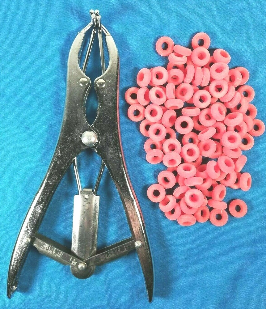 FIVE-EYES Livestock Castration Band Tool + 100 Bands Castration Forceps