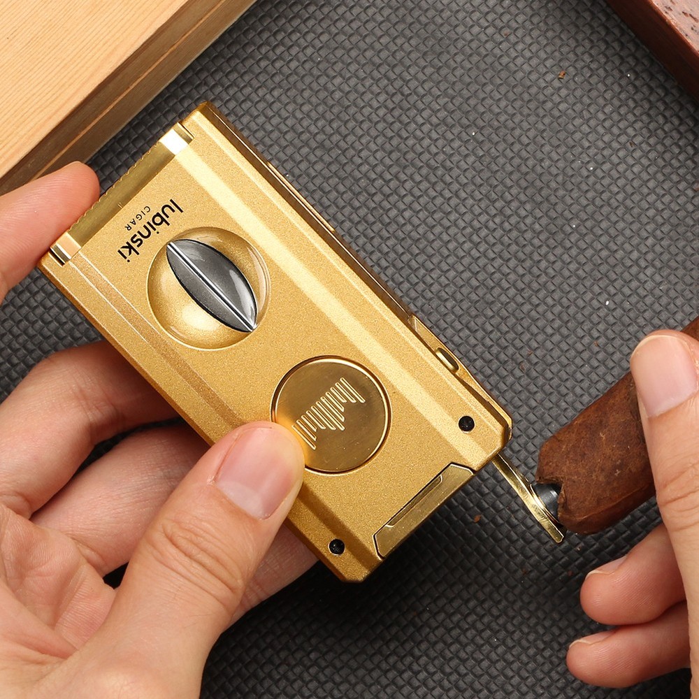 Gold Windproof Cigar Torch Lighter V-cut 2 Jet Flame Punch Holder Needle Gift