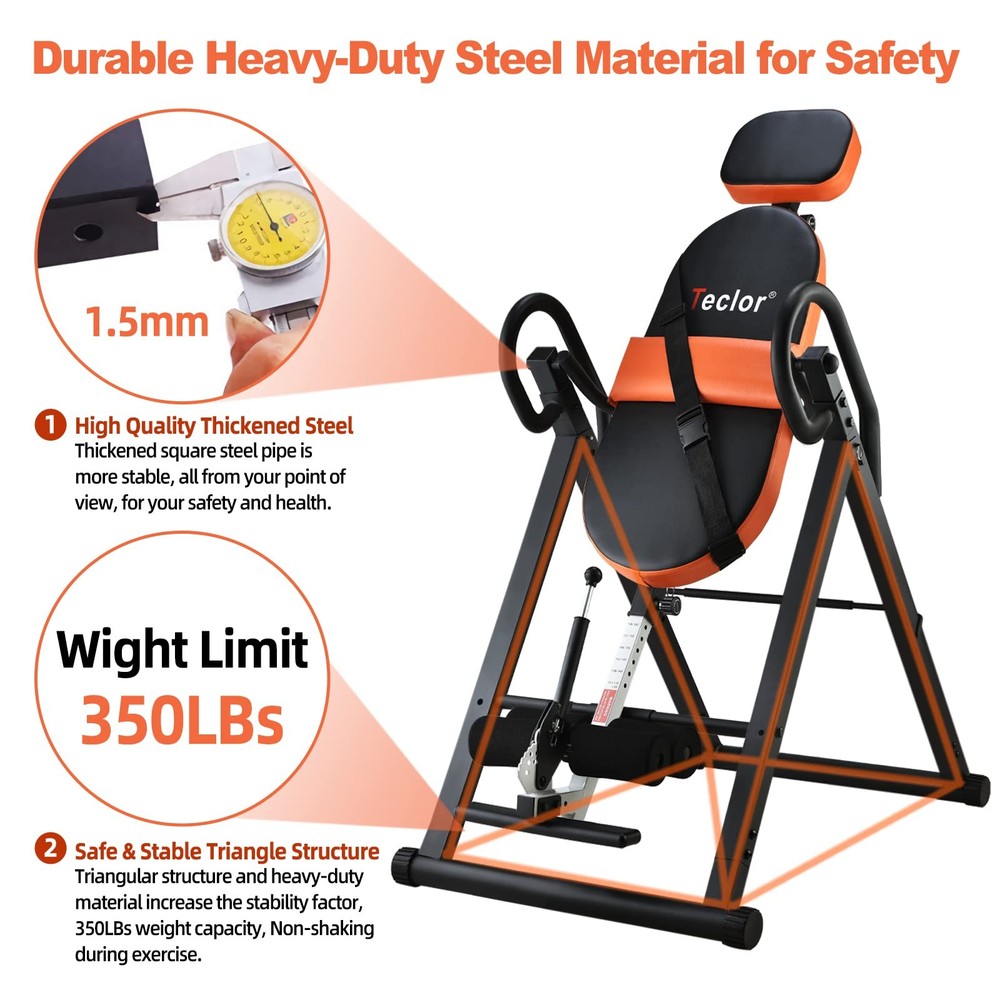 Teclor Inversion Table for Back Pain Relief, 350 lbs Capacity Basics, Orange