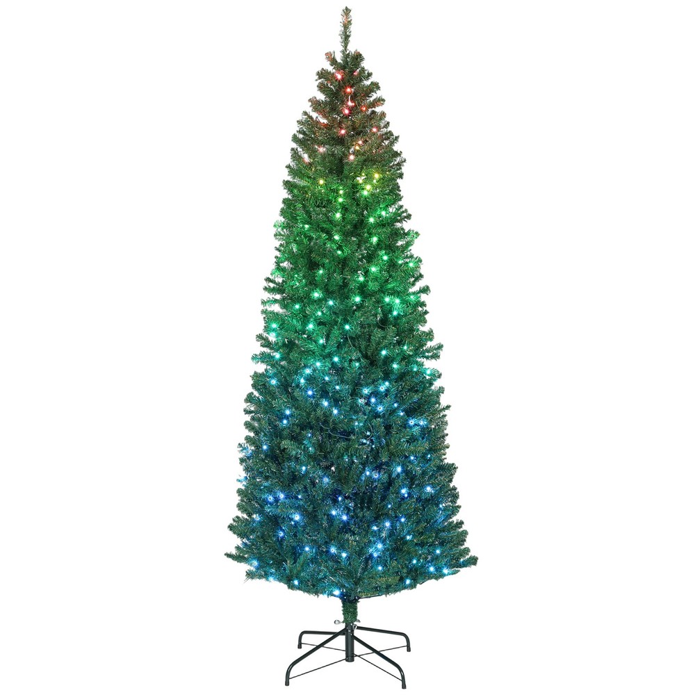 HOMCOM 7ft Christmas Tree with Synchronized LEDs, Hinged Slim Fir
