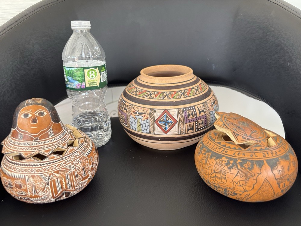Peruvian Style Pottery & Etched Gourd Decor Bundle Signed Leoncio Veli