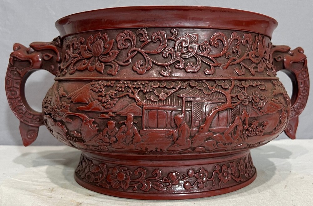 Large Modern Chinese Red Lacquerware Incense Burner With Mark M4010