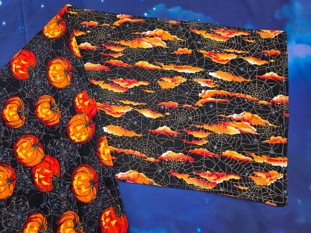 Handmade Quilted Table Runner Halloween Pumpkins Fall clouds spider webs spiders