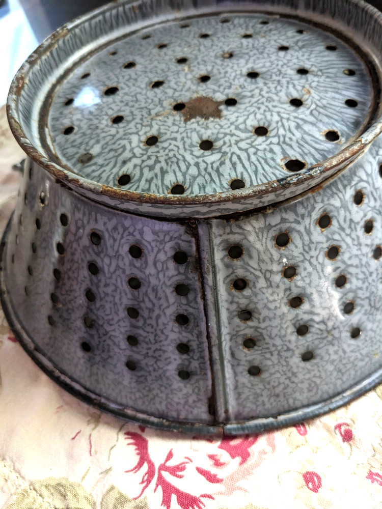 Antique Graniteware Colander Enamelware Strainer Rustic Primitive Farmhouse
