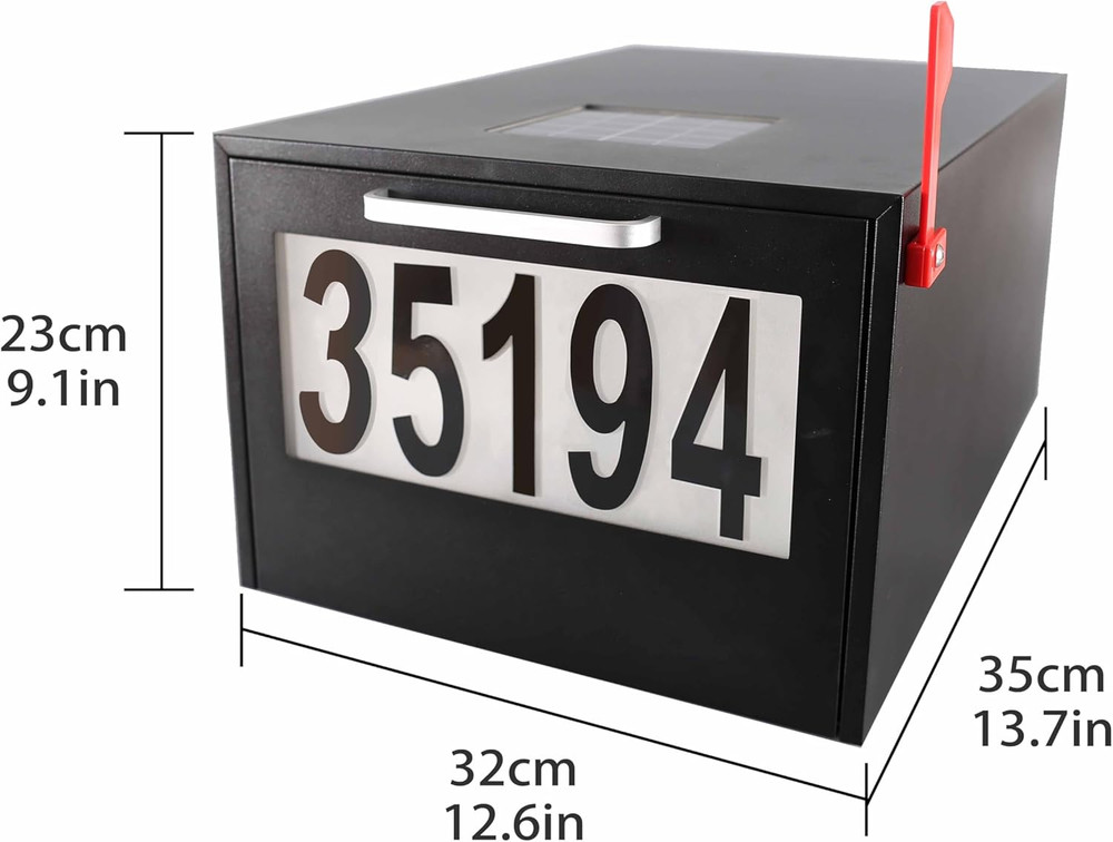 Large Capacity Black Solar Post Mount Mailbox with Night Illumination