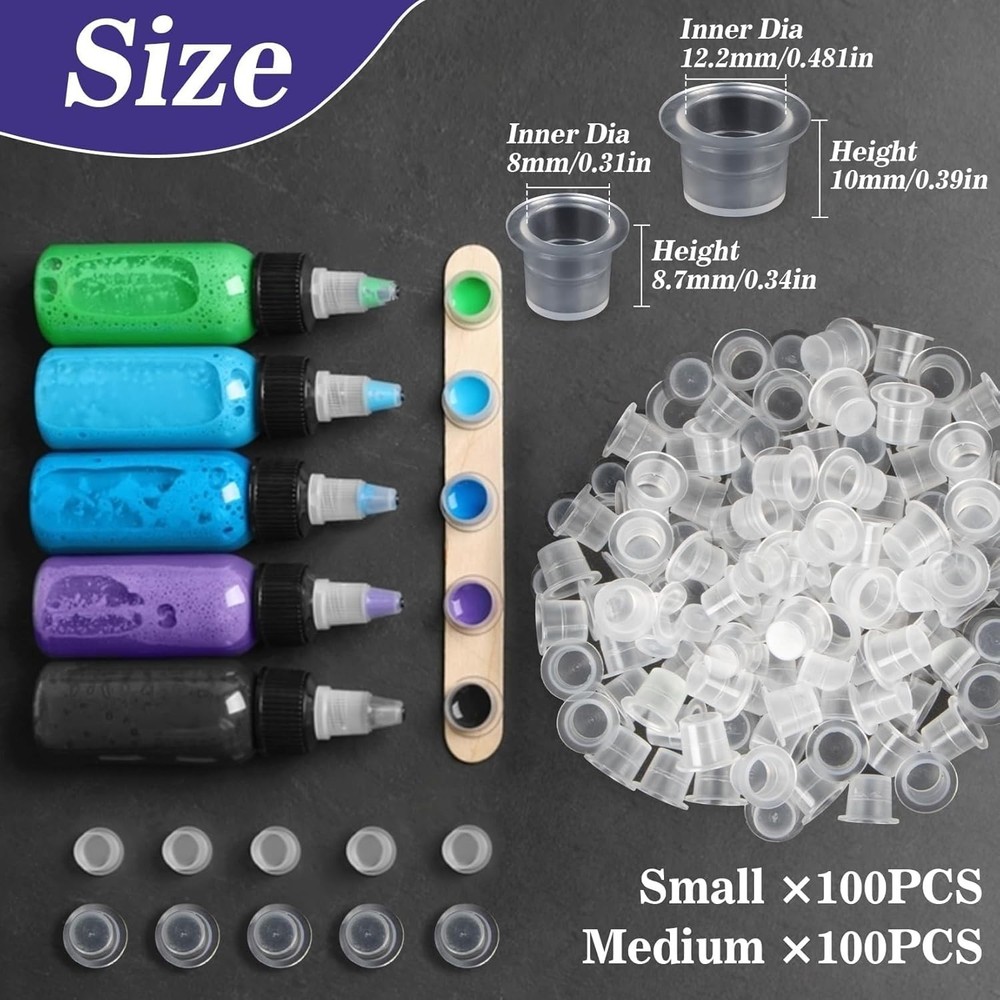 200 Durable Waterproof Tattoo Ink Caps - Mixed Sizes for Precise Application