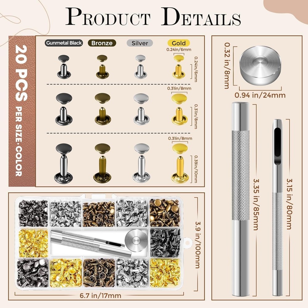 Durable 240 Set Leather Rivets in Brass - Includes Setting Tools & Storage