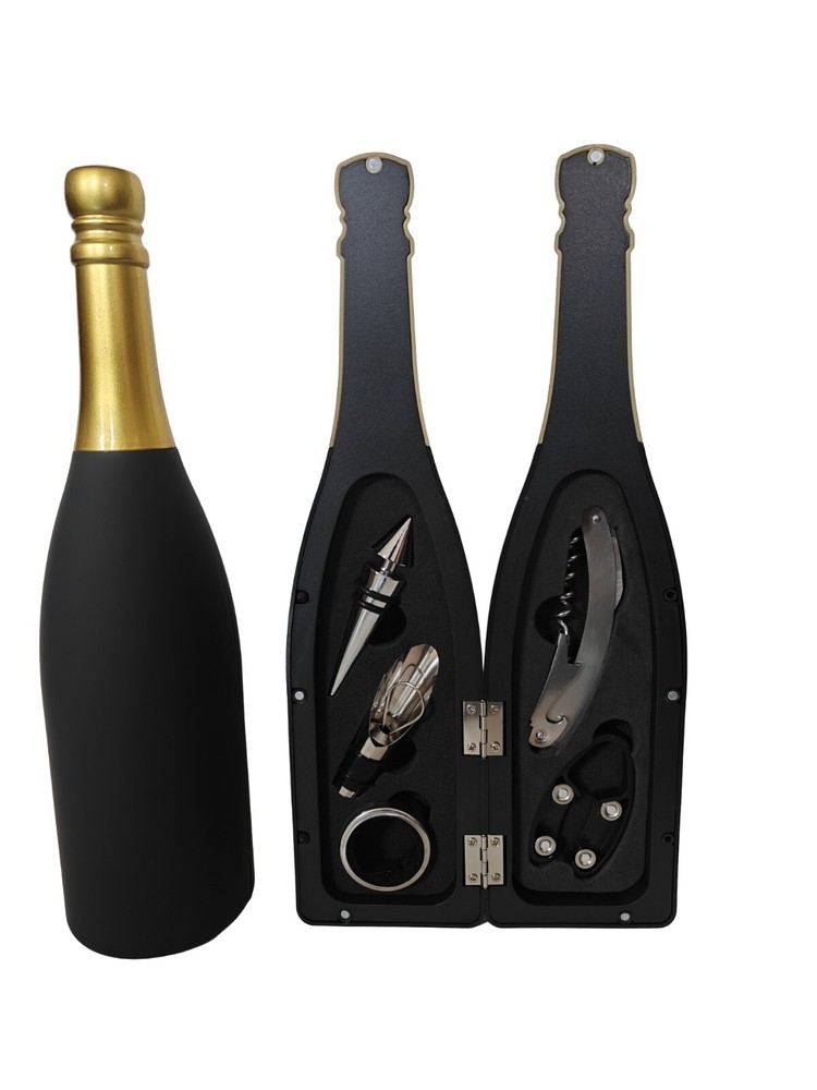 13" Black and gold Wine Bottle w Accessories