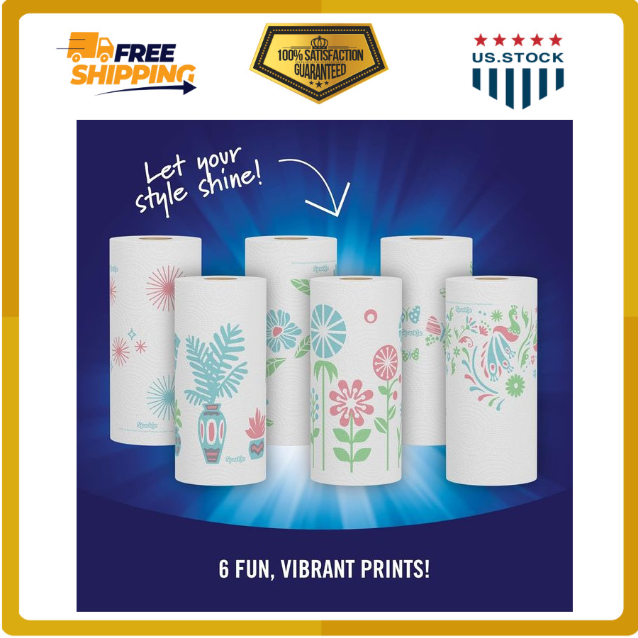Sparkle Pick-A-Size Paper Towels, Spirited Prints, 6 Double Rolls = 12 Regular