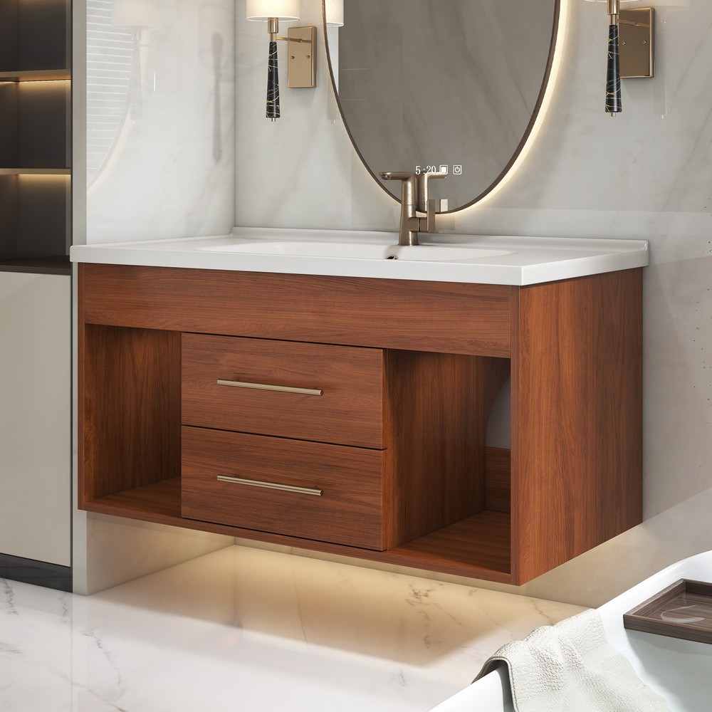 35.4" Bathroom Vanity w/Ceramic Sink Modern Wall-Mounted Storage Cabinet Walnut