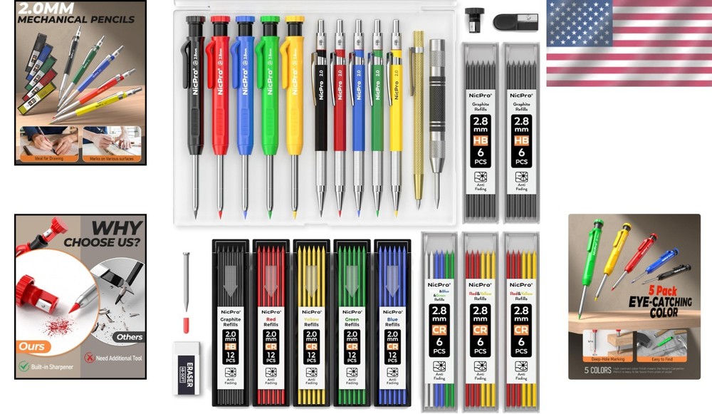 27 Pack Carpenter Pencils with 100 Refil Leads - Pro Marking Set for Woodwork