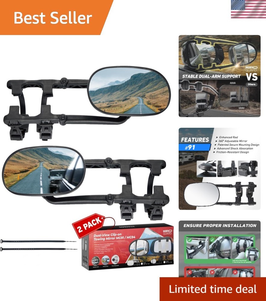 Extended Towing Mirror Clip-On for RVs Pickups Vans Model MG91 Black