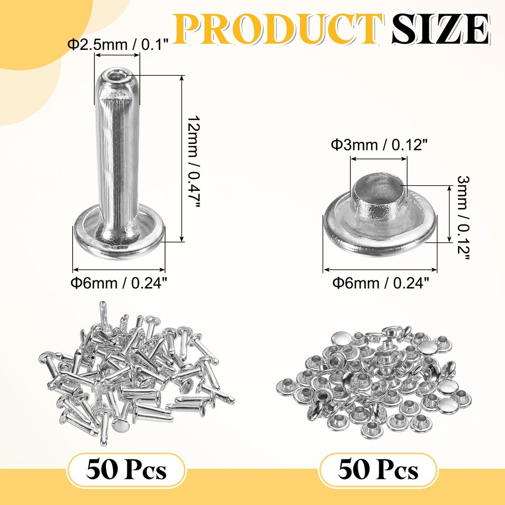 50 Sets Leather Rivets, 6mm Double Cap Rivets 12mm Height Tubular Studs, Silver