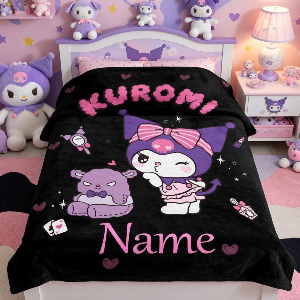 Personalized Cute Gothic Cartoon Flannel Blanket Custom Name Gift Throw