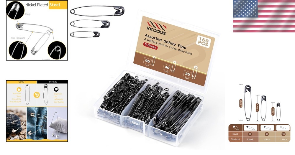 Durable 150 Pcs Assorted Safety Pins - Sharp & Rust Resistant for Everyday Use