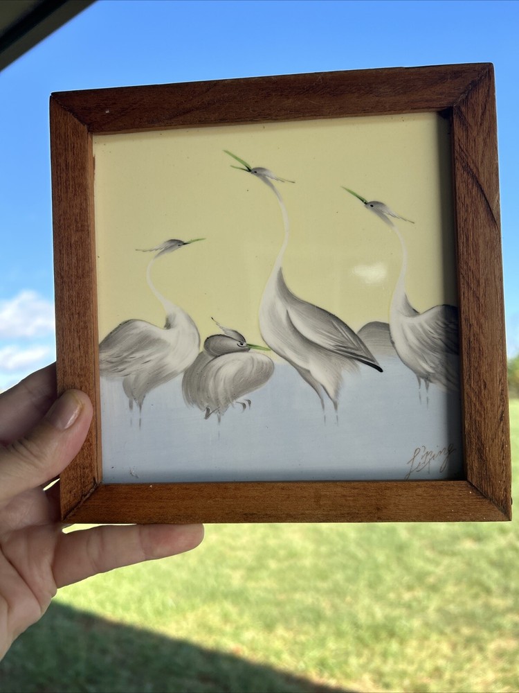 Vintage Art Tile Framed Signed Hand-Painted Cranes
