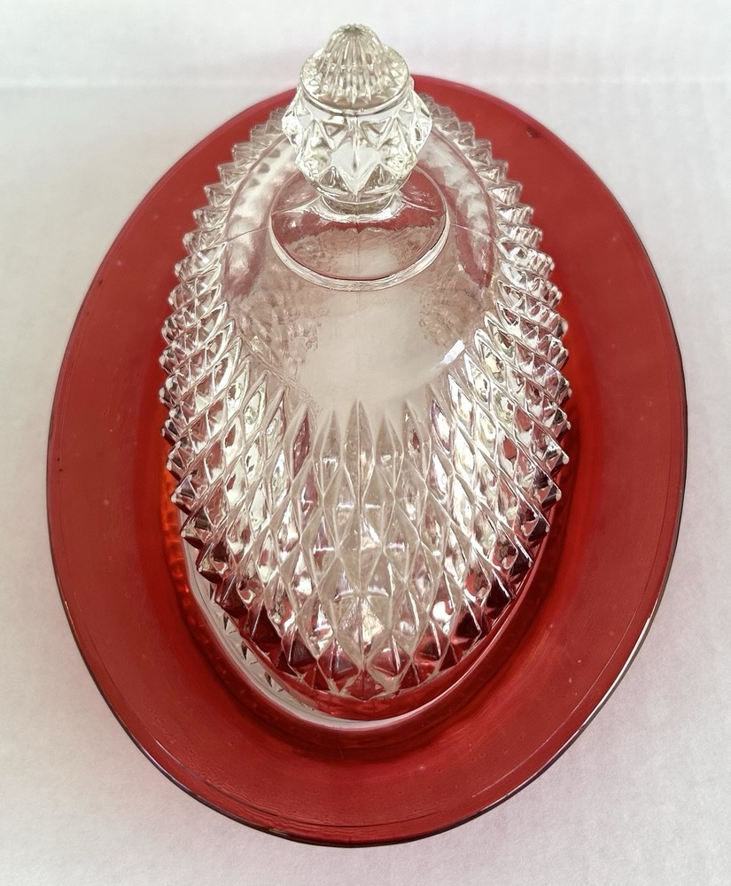 Indiana Glass Diamond Point Ruby Flash Butter Dish With Lid