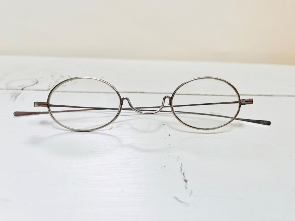 Antique Silvertone Round Wire Eyeglasses Frames Metal Spectacles Light Weight