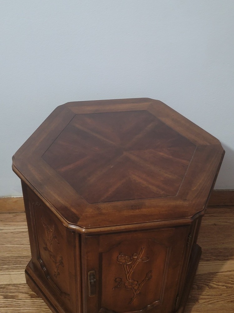 Mid-Century Hexagonal Drum Wood Side End Table With Storage