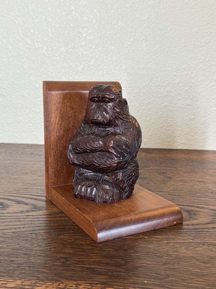 Monkey Bookend Hand Carved Solid Wood Bookend Vintage